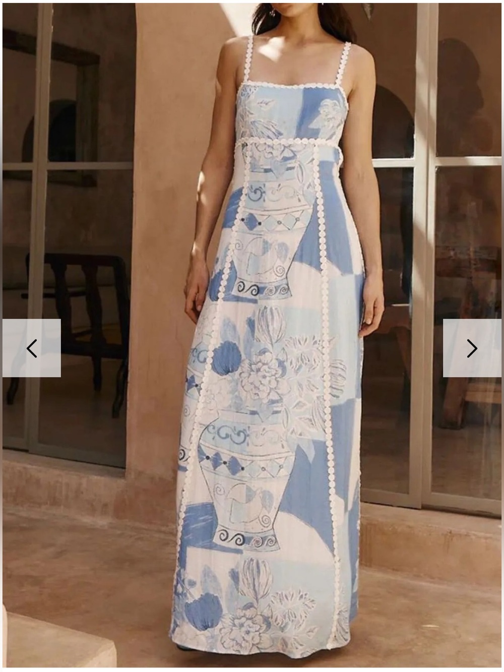 Blue Printed Maxi Dress with Lace Trim